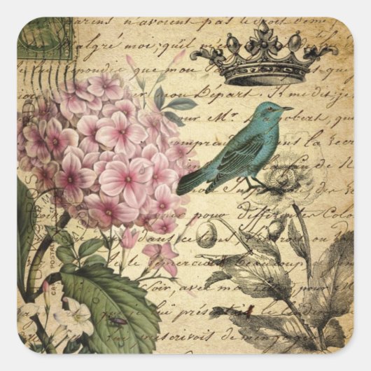 kroonschrift hydrangea vogel botanisch vierkante sticker (Voorkant)