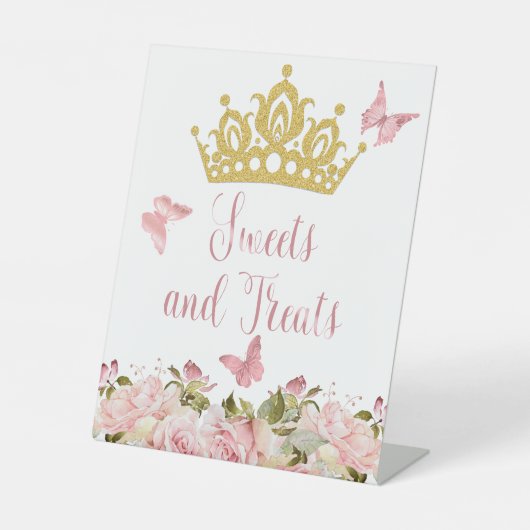 Kroonvlinders Roze Bloemen Sweets & Treats Reclamebord Met Voetstuk (Voorkant)