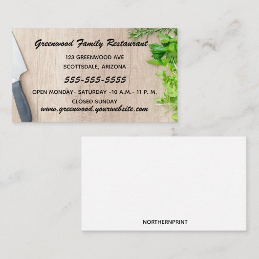 Kruiden en mes op een snijplank visitekaartje (Voorkant / Achterkant)