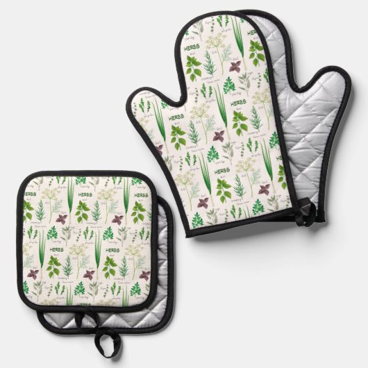 Kruiden ontwerp ovenwant & pannenlap set (Voorkant / Achterkant)