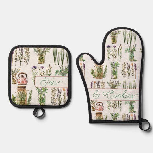 Kruiden Patroon Thee en koekjes Ovenwant & Pannenlap Set (Voorkant)