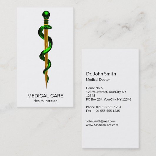 Kruidengroene goudstaaf van Asclepius Medical Visitekaartje (Voorkant / Achterkant)