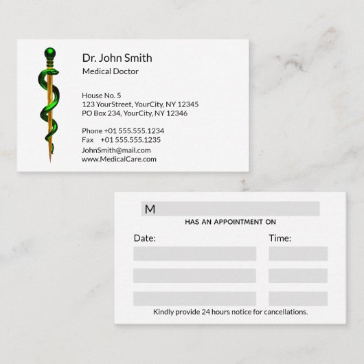 Kruidengroene staaf van Asclepius Gold Medical Afsprakenkaartje (Voorkant / Achterkant)