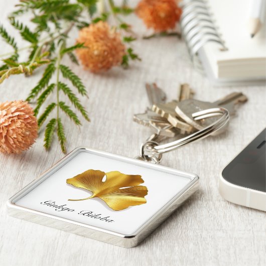 Kruidenleven: Gouden Ginkgo Biloba blad Sleutelhanger (Zijkant)