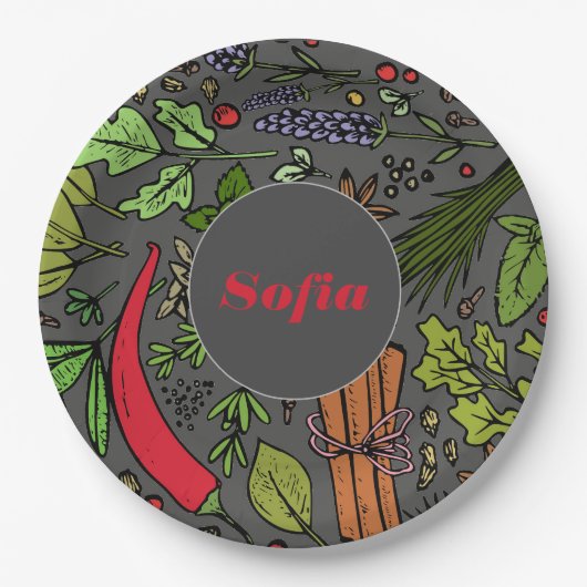 Kruidenpatroon aangepaste naam grijs papier borden papieren bordje (Voorkant)