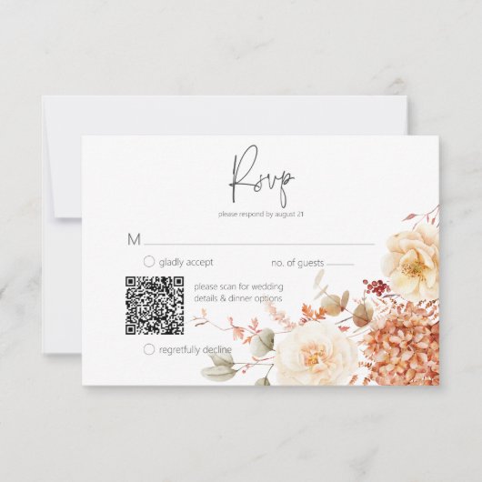 Kruidige Herfst Roest & Blush Boho Floral QR Code RSVP Kaartje (Voorkant)