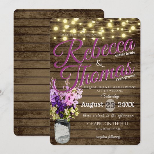 Kruik van Delpheniums en Lichten Rustieke bruiloft Kaart (Voorkant / Achterkant)