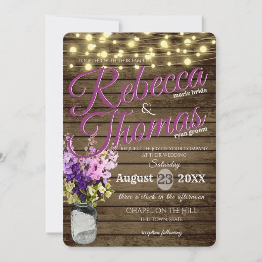 Kruik van Delpheniums en Lichten Rustieke bruiloft Kaart (Voorkant)