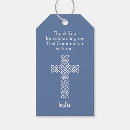 Kruis | Blauwe grijze communiqué Baptism Christeni Cadeaulabel (Voorkant)