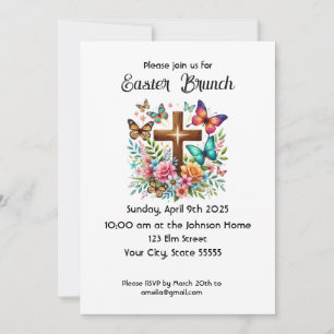 Kruis Bloemen Vlinders Pasen Brunch Uitnodiging