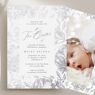 Kruis Calligrafie Bloem Zilver Doop Foto Folie Uitnodiging