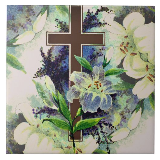 Kruis- en bloemen keramische Tegel Tegeltje (Voorkant)