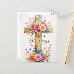 Kruis en Bloemen Paaszegeningen Briefkaart