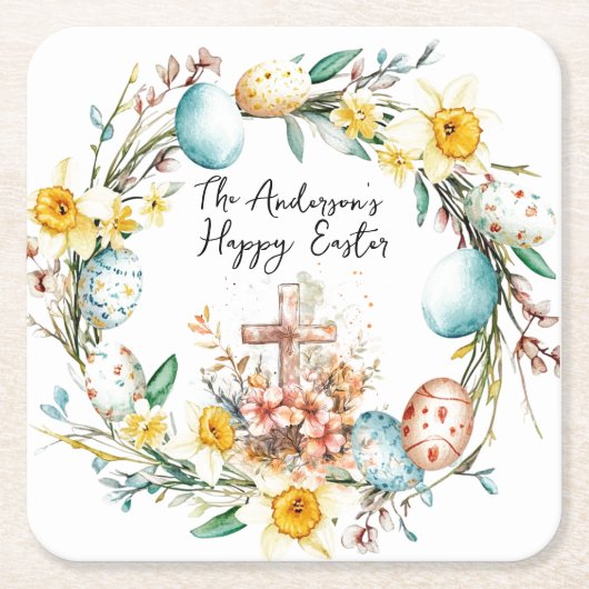 Kruis- en bloemenpaasfeest kartonnen onderzetters (Voorkant)