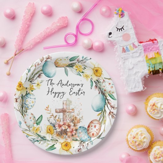 Kruis- en bloemenpaasfeest papieren bordje (Feest)