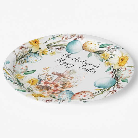 Kruis- en bloemenpaasfeest papieren bordje (Gekanteld)