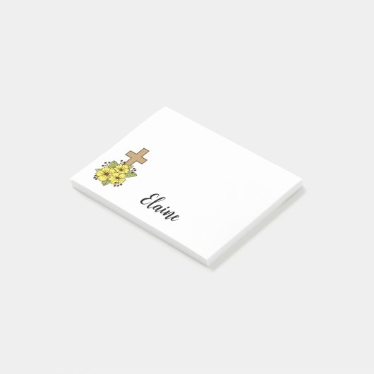 Kruis en gele bloemen gepersonaliseerd post-it® notes (Schuin)