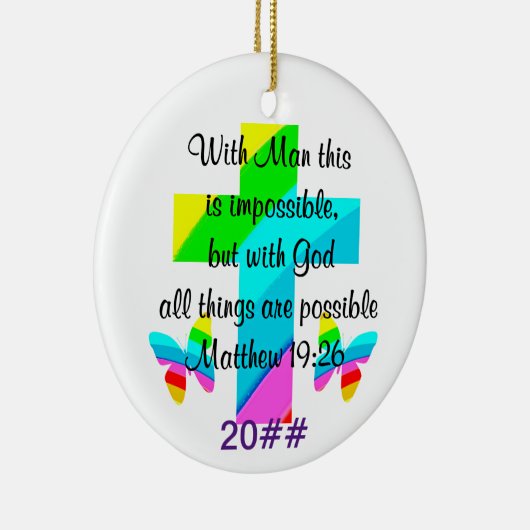 KRUIS EN REGENBOOG MATTHEÜS 19:26 ONTWERP KERAMISCH ORNAMENT (Rechts)