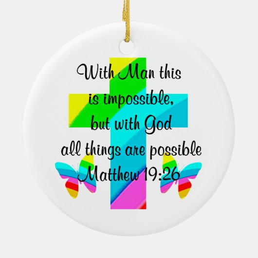  KRUIS EN REGENBOOG MATTHEÜS 19:26 ONTWERP KERAMISCH ORNAMENT (Achterkant)