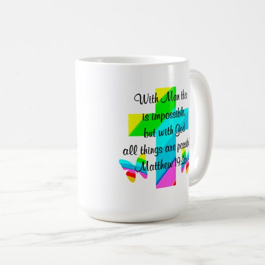  KRUIS EN REGENBOOG MATTHEÜS 19:26 ONTWERP KOFFIEMOK (Voorkant rechts)