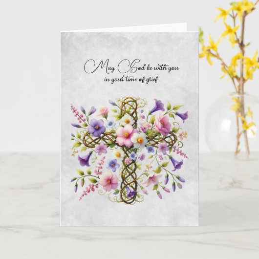 Kruis en roze Paarse bloemen sympathie kaart (Gele Bloem)