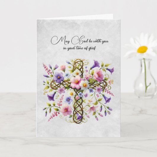 Kruis en roze Paarse bloemen sympathie kaart (Kleine Plant)