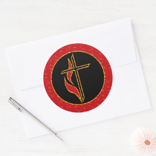 Kruis en vlam ronde sticker (Envelop)