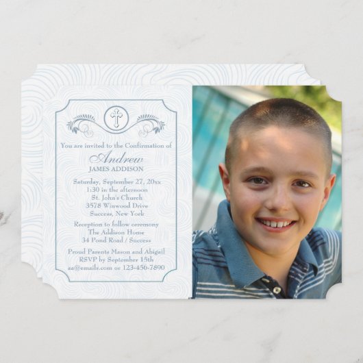 Kruis Focus Blauwe Foto Religieuze Uitnodiging (Voorkant / Achterkant)