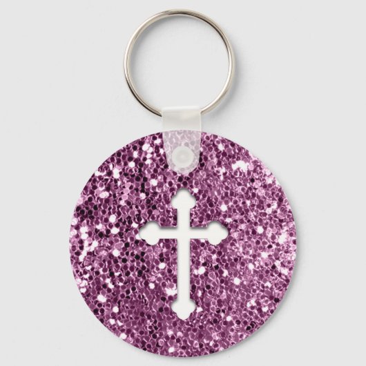 Kruis in het Wit op Roze Glitter Sleutelhanger (Voorkant)