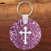 Kruis in het Wit op Roze Glitter Sleutelhanger (Voorkant)