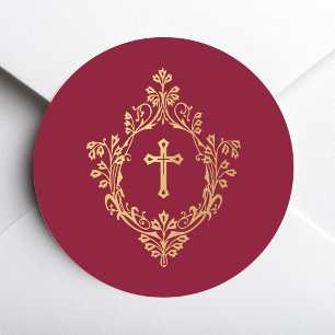 Kruis in Wapen Rood Nep Goud Folie Antieke Bourgon Ronde Sticker