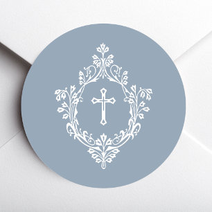 Kruis in Wapen Stofblauw Wit Elegant Antiek Ronde Sticker