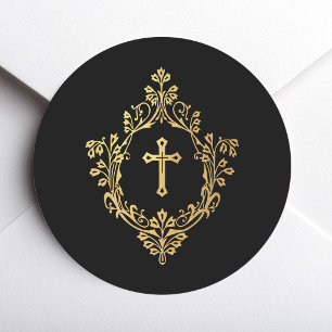 Kruis in Wapen Zwart Nep Goud Religieus Christelij Ronde Sticker