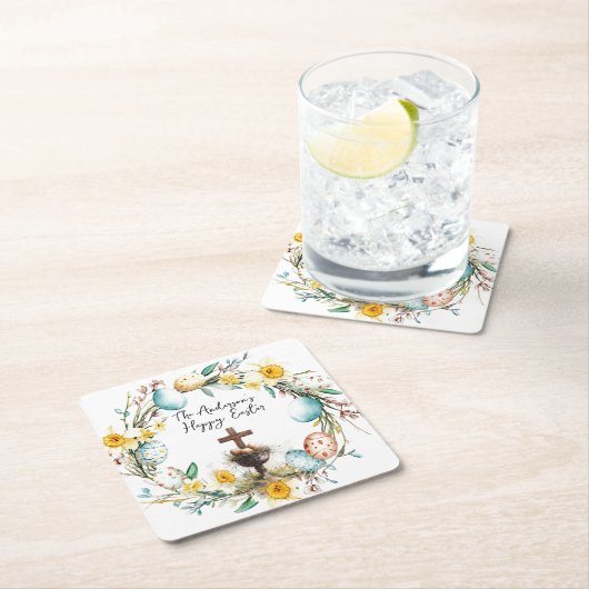 Kruis met decoratieve eieren in bloemenPasen Kartonnen Onderzetters (Insitu)