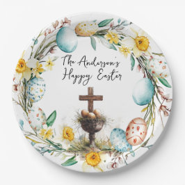 Kruis met decoratieve eieren in bloemenPasen Papieren Bordje