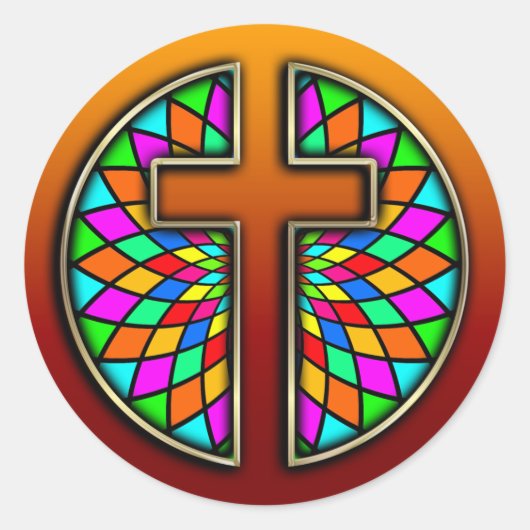 KRUIS MET GLAS IN LOOD RONDE STICKER (Voorkant)