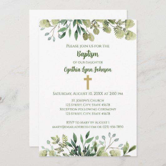 Kruis met groen Doop Uitnodiging (Voorkant / Achterkant)