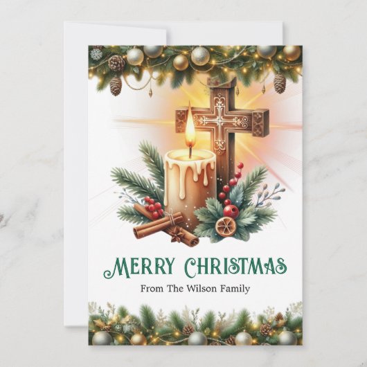 Kruis met kaars en kaneelstokjes, Kerstmis Feestdagenkaart (Voorkant)