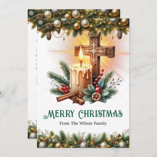 Kruis met kaars en kaneelstokjes, Kerstmis Feestdagenkaart (Voorkant / Achterkant)