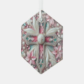 Kruis met poinsettia's en parels glas ornament (Voorkant links)