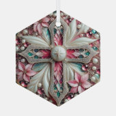 Kruis met poinsettia's en parels glas ornament (Achterkant)