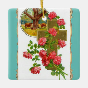 Kruis met rode anjers keramisch ornament
