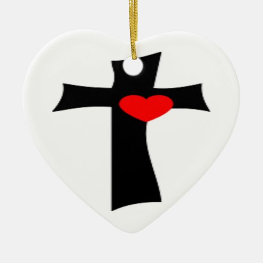 KRUIS MET RODE HART KERAMISCH ORNAMENT (Voorkant)