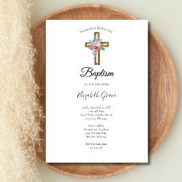 Kruis met Roze Bloemen Doopsel Kaart