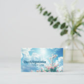 Kruis met roze rozen in de blauwe glanzende hemel visitekaartje (Staand voorkant)