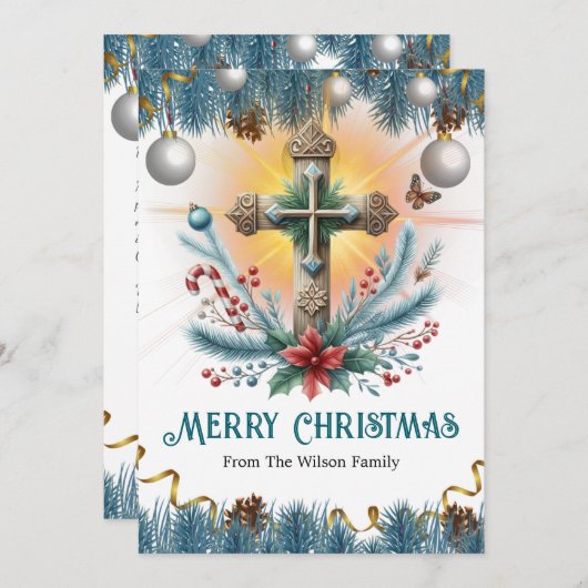 Kruis met snoep Canes en Poinsettia, Kerstmis Feestdagenkaart (Voorkant / Achterkant)