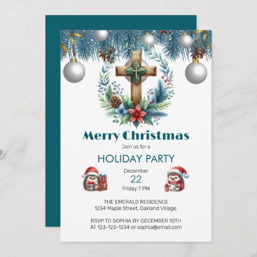 Kruis met Winter Blue accenten Kerstmis Kaart (Voorkant / Achterkant)