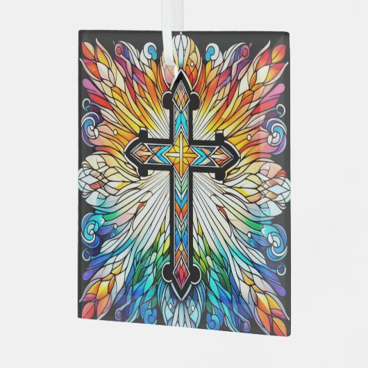 Kruis op Fiery Glas in lood Design Suncatcher Glas Ornament (Voorkant links)