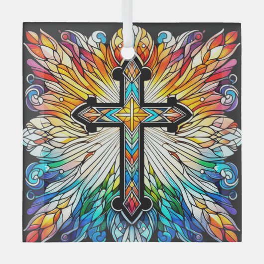Kruis op Fiery Glas in lood Design Suncatcher Glas Ornament (Voorkant)