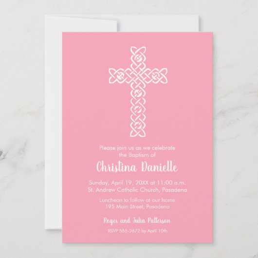 Kruis op Flamingo Pink Baptism, Christening Invite (Voorkant)